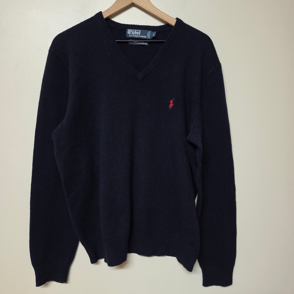 Polo Ralph Lauren Mens V-Neck Sweater Navy Blue Lambswool Italian Yarn Large